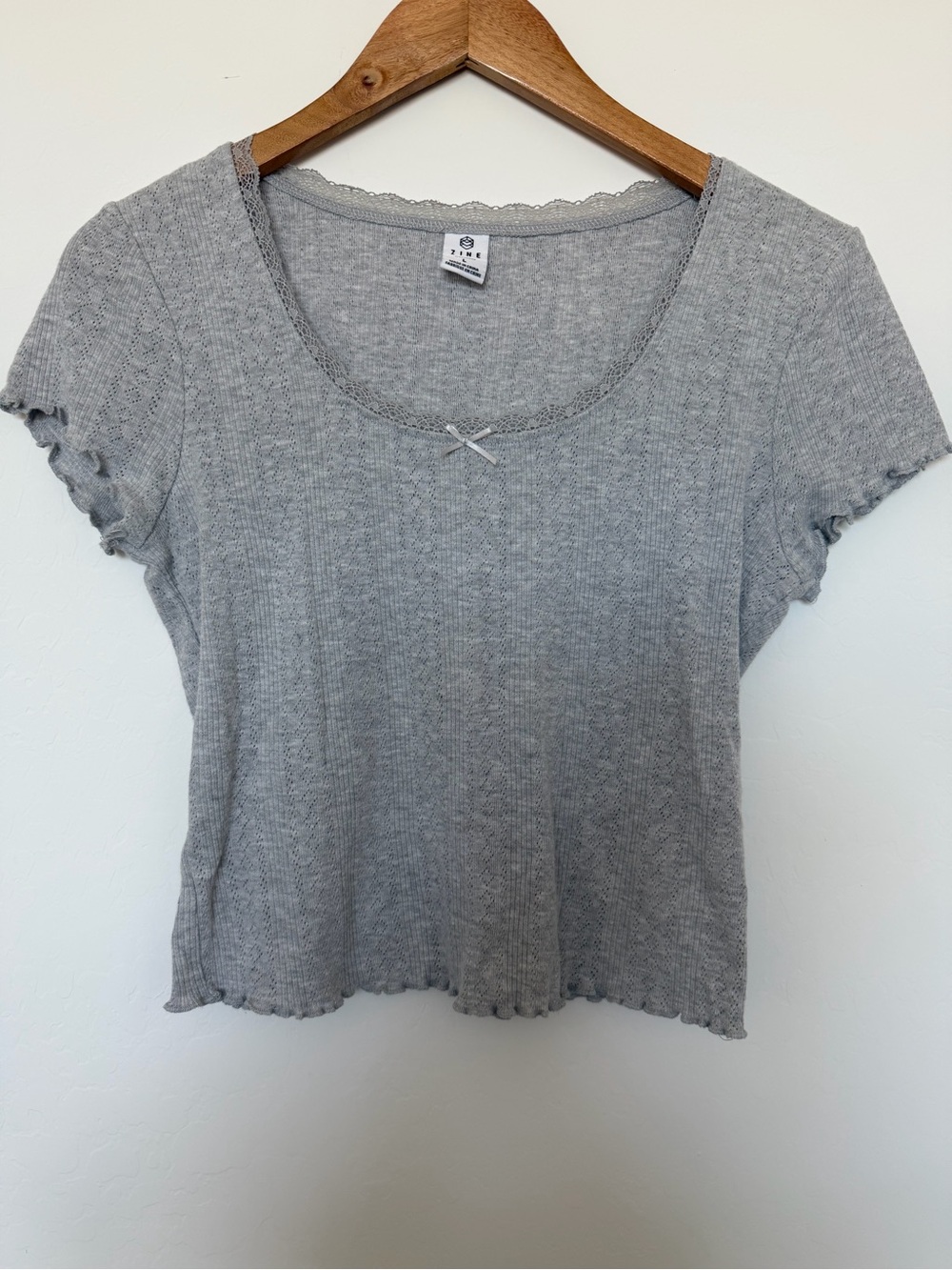 ZINE Gray Scoop Neck Ribbed Tee with Bow